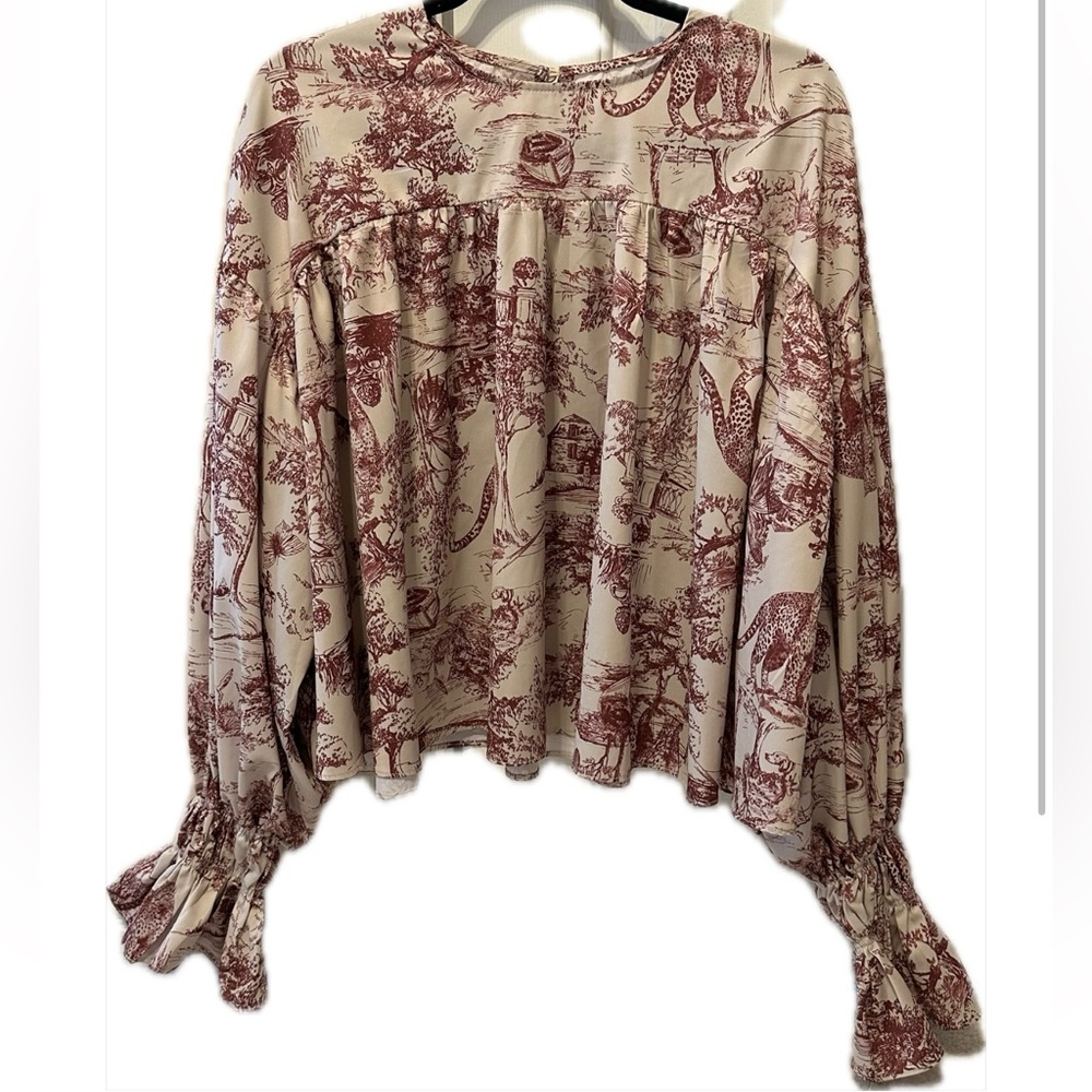 SHEIN Red and Cream Toile Patterned Blouse Large